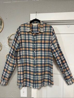 FRAME  SHIRT MENS LARGE SLIM FIT PLAID FLANNEL MULTI COLOR LONG SLEEVE FRAYED
